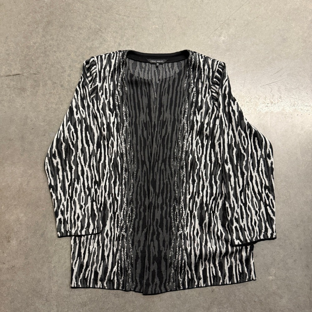Ming Wang Black White Abstract Animal Print Open Front Knit Jacket 1X